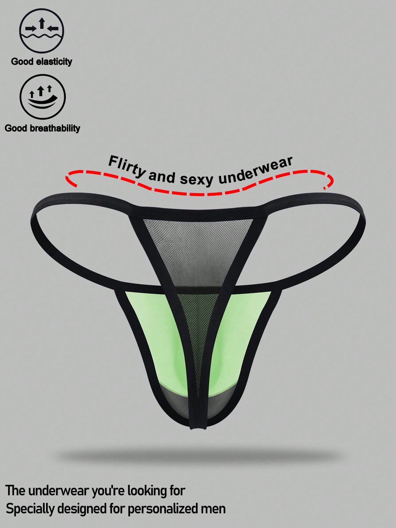 Men's multicolor mesh thong underwear with a plain design and mid-rise fit, made from stretchy polyester and elastane blend.