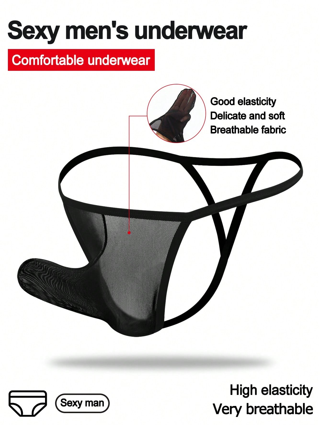 Black men's mesh thong underwear with U-convex pouch and mid-rise waistband, plain design, 1-piece set.