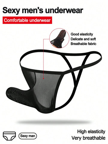 Black men's mesh thong underwear with U-convex pouch and mid-rise waistband, plain design, 1-piece set.