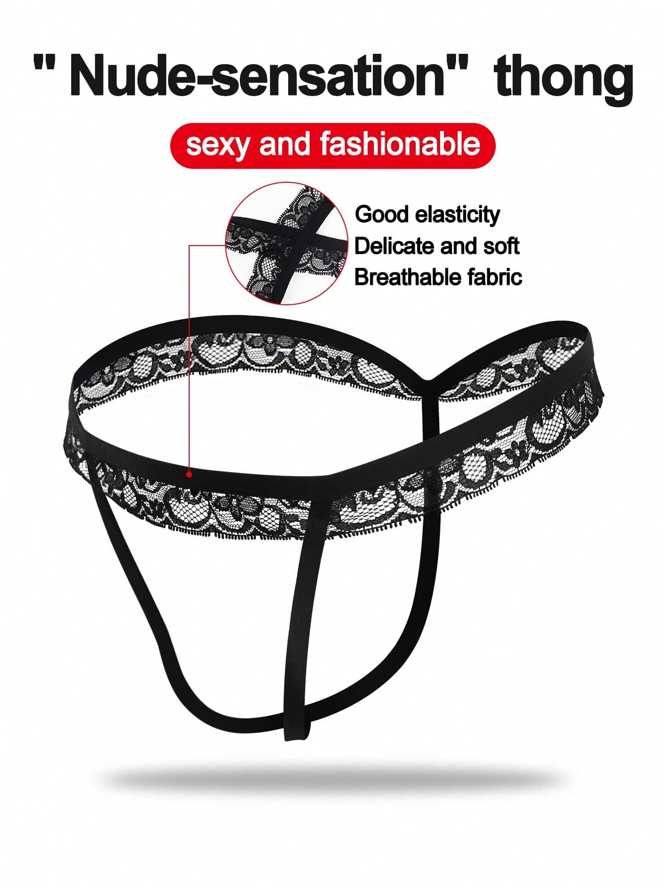 Black men's low rise thong underwear in knitted fabric with lace styling, letter pattern, medium stretch, and a non-sheer finish.