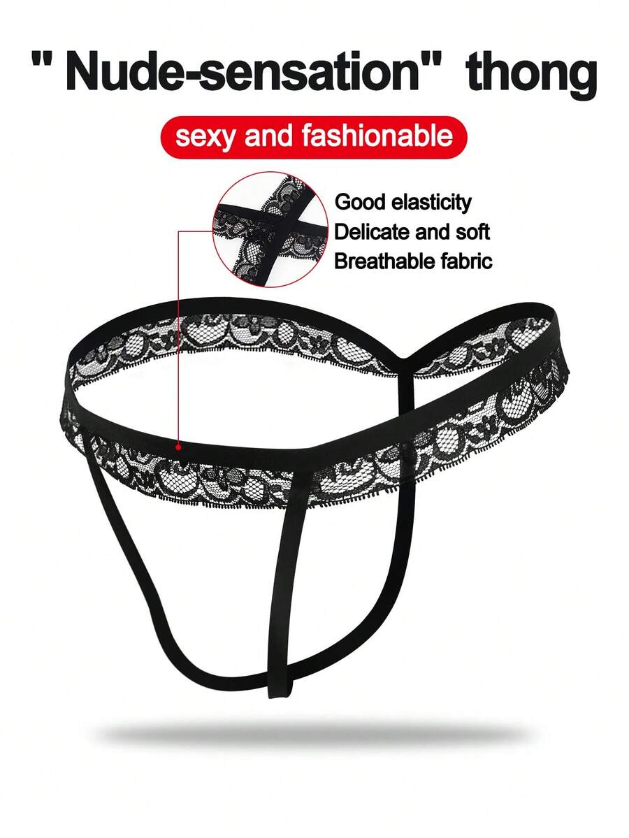 Black men's thong underwear featuring a low rise waist and letter pattern crafted from knitted stretch fabric.
