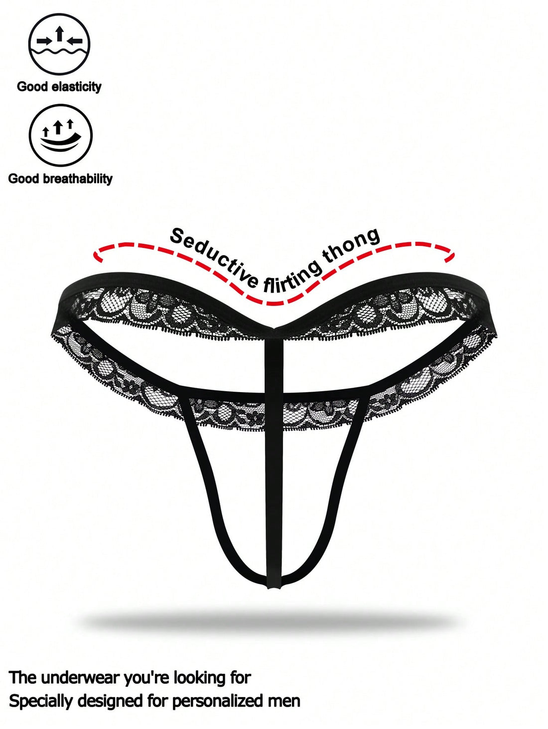 Black men's low rise thong underwear in knitted fabric with lace styling, letter pattern, medium stretch, and a non-sheer finish.
