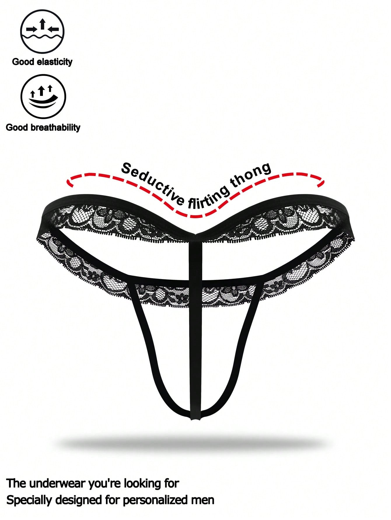 Black men's low rise thong underwear in knitted fabric with lace styling, letter pattern, medium stretch, and a non-sheer finish.