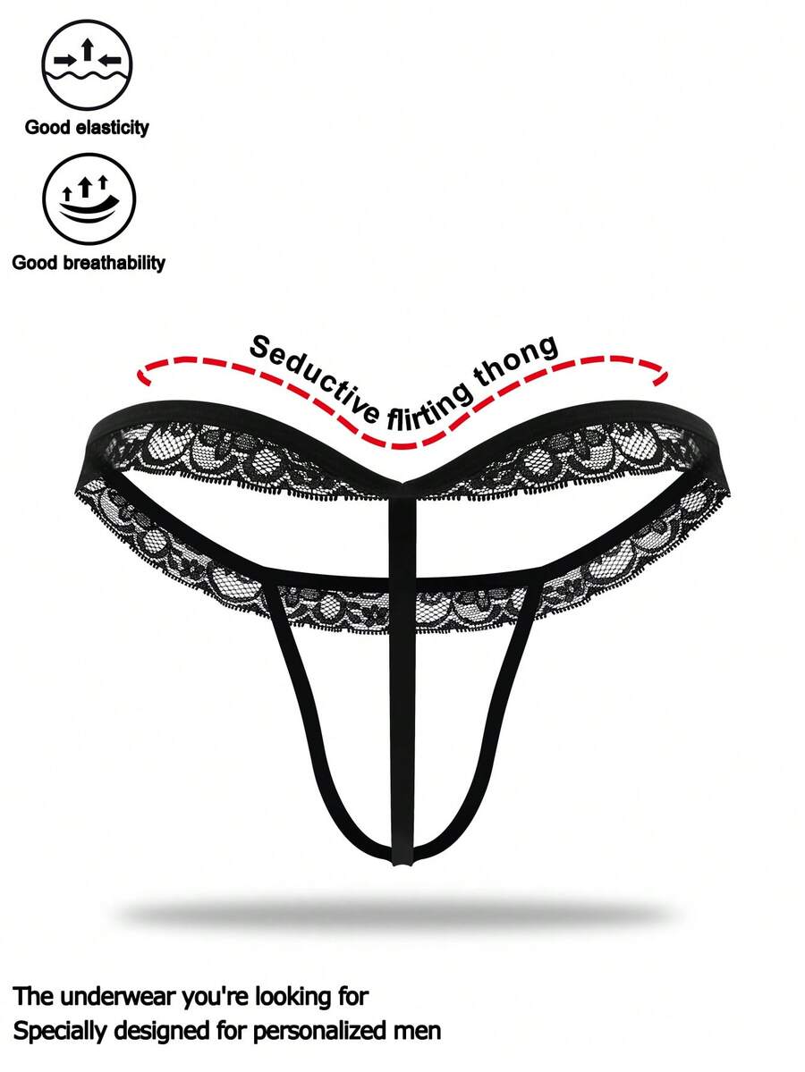 Black men's thong underwear featuring a low rise waist and letter pattern crafted from knitted stretch fabric.