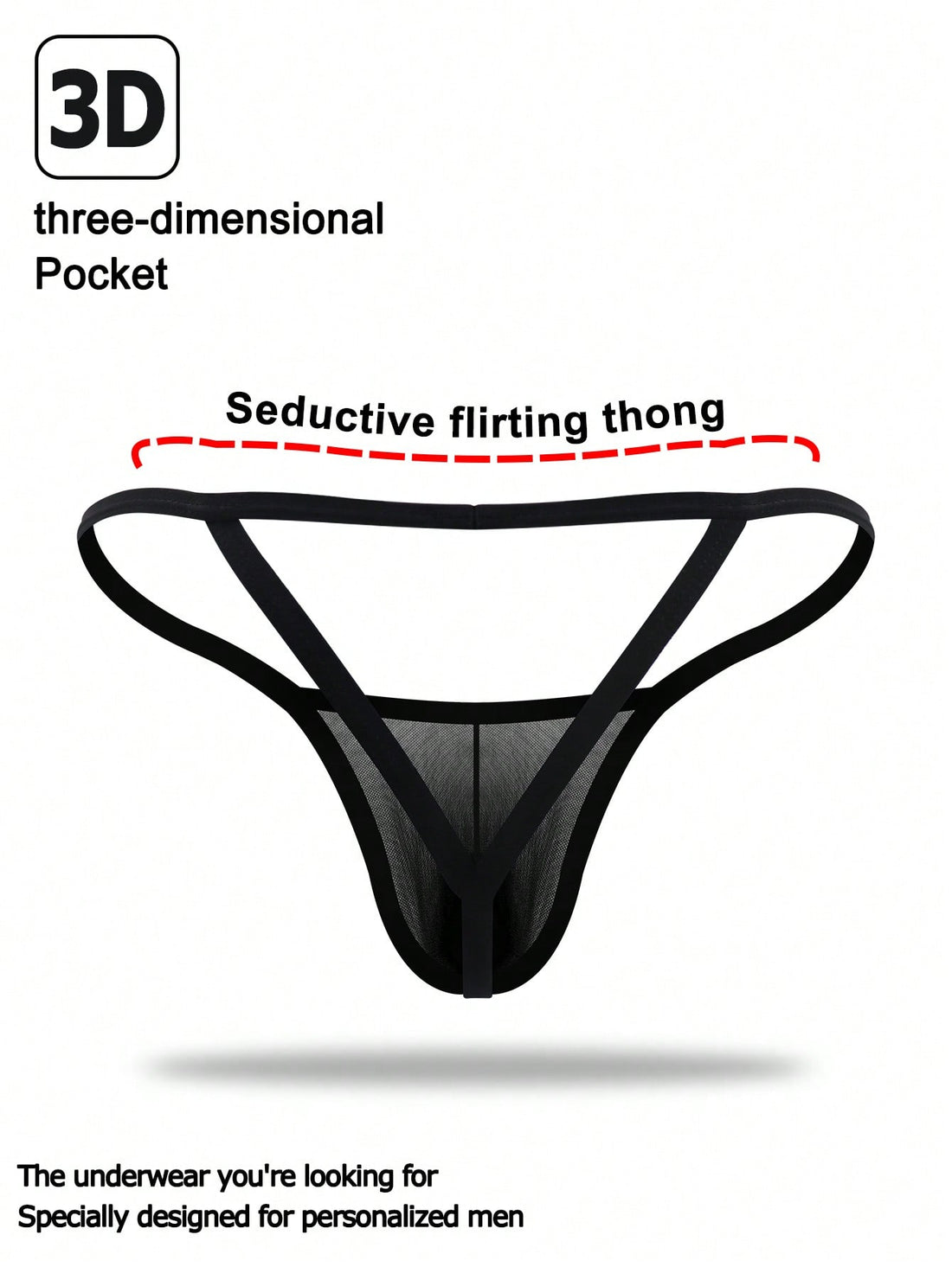 Black men's mesh thong underwear with U-convex pouch and mid-rise waistband, plain design, 1-piece set.