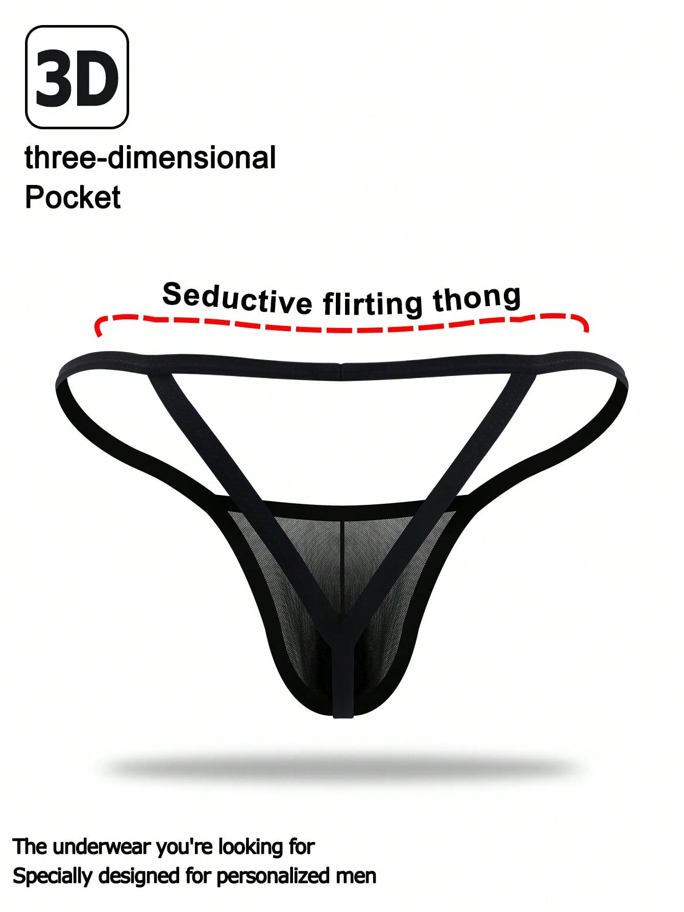 Black men's mesh thong underwear with U-convex pouch and mid-rise waistband, plain design, 1-piece set.