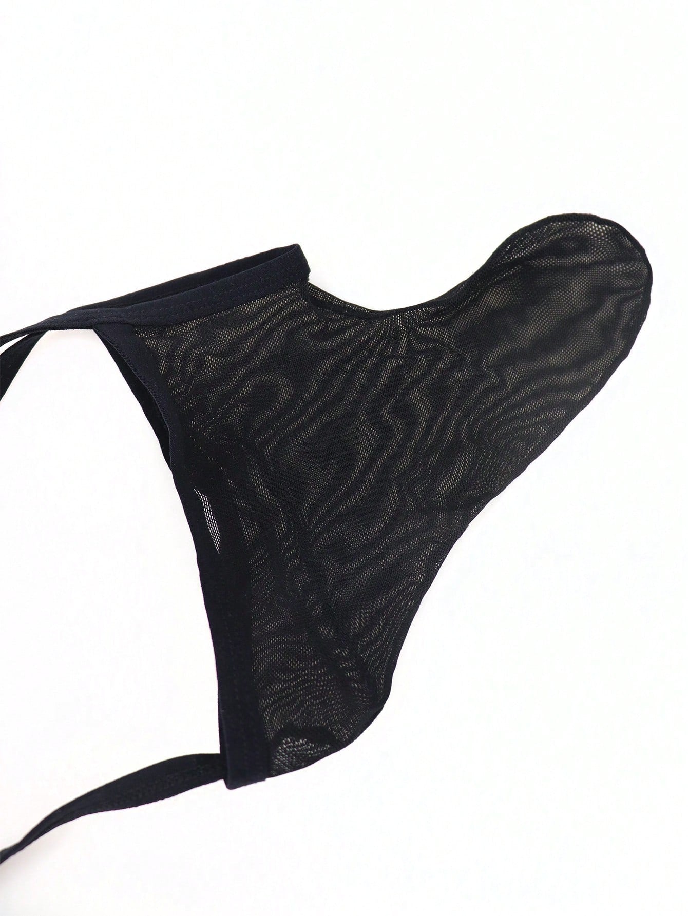 Black men's mesh thong underwear with U-convex pouch and mid-rise waistband, plain design, 1-piece set.