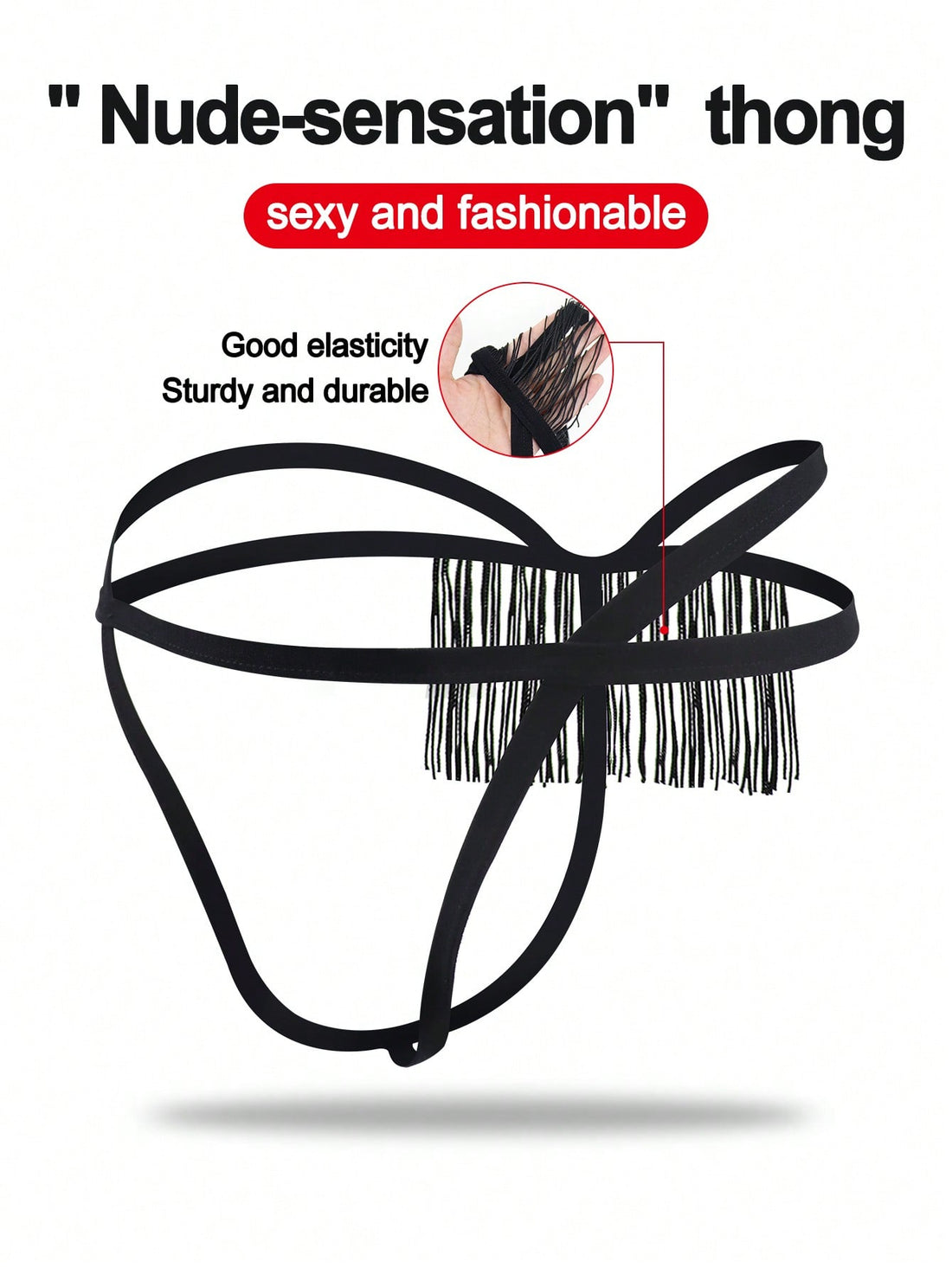 Black men's thong underwear with a low-rise waist, plain design, and knitted stretch fabric.