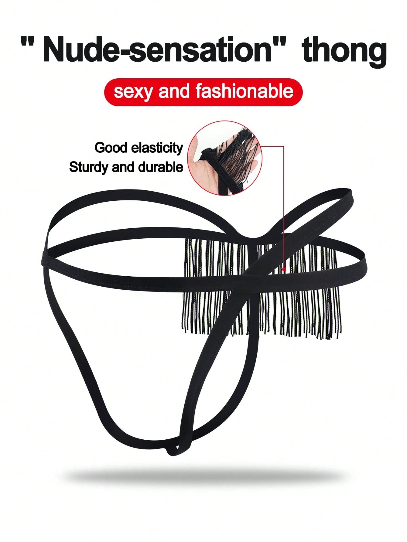 Black men's thong underwear with a low-rise waist, plain design, and knitted stretch fabric.