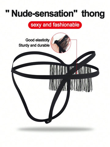 Black men's thong underwear with a low-rise waist, plain design, and knitted stretch fabric.
