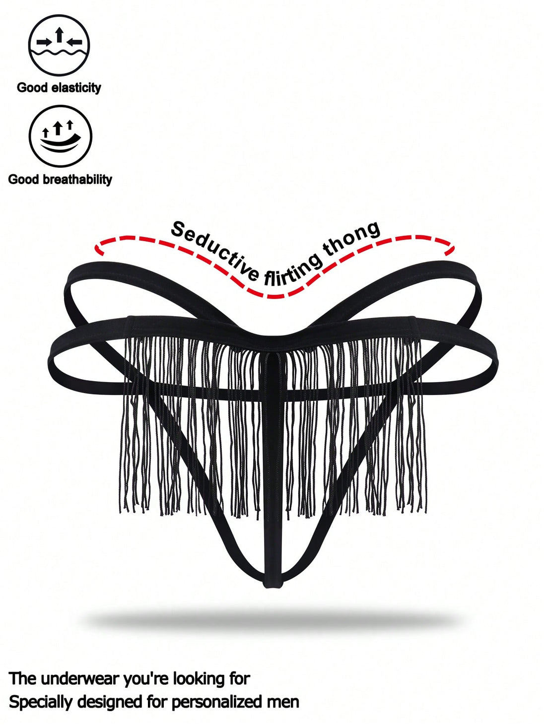 Black men's thong underwear with a low-rise waist, plain design, and knitted stretch fabric.