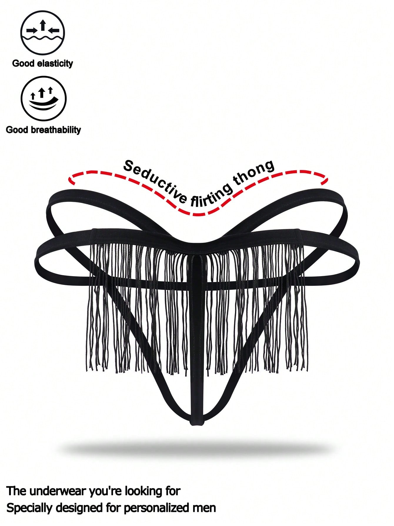 Black men's thong underwear with a low-rise waist, plain design, and knitted stretch fabric.