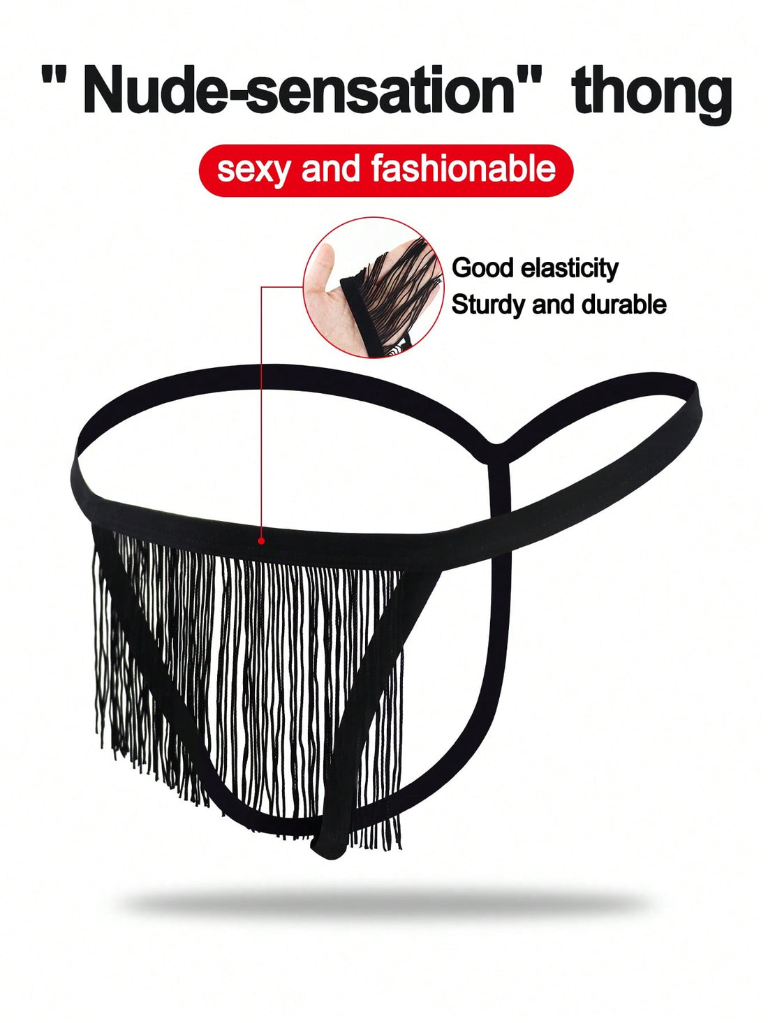 Black men's thong underwear with fringe detail, mid-rise fit, plain design, and knitted fabric construction.
