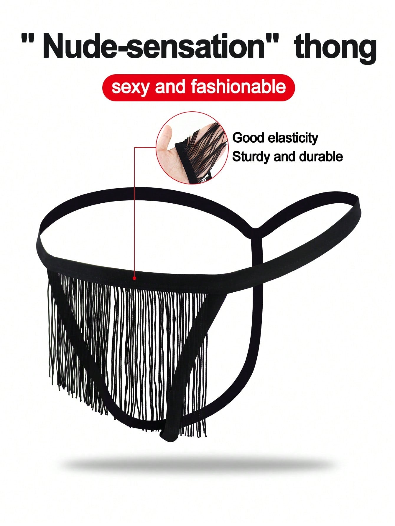 Black men's thong underwear with fringe detail, mid-rise fit, plain design, and knitted fabric construction.