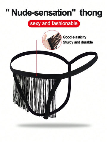 Black men's thong underwear with fringe detail, mid-rise fit, plain design, and knitted fabric construction.