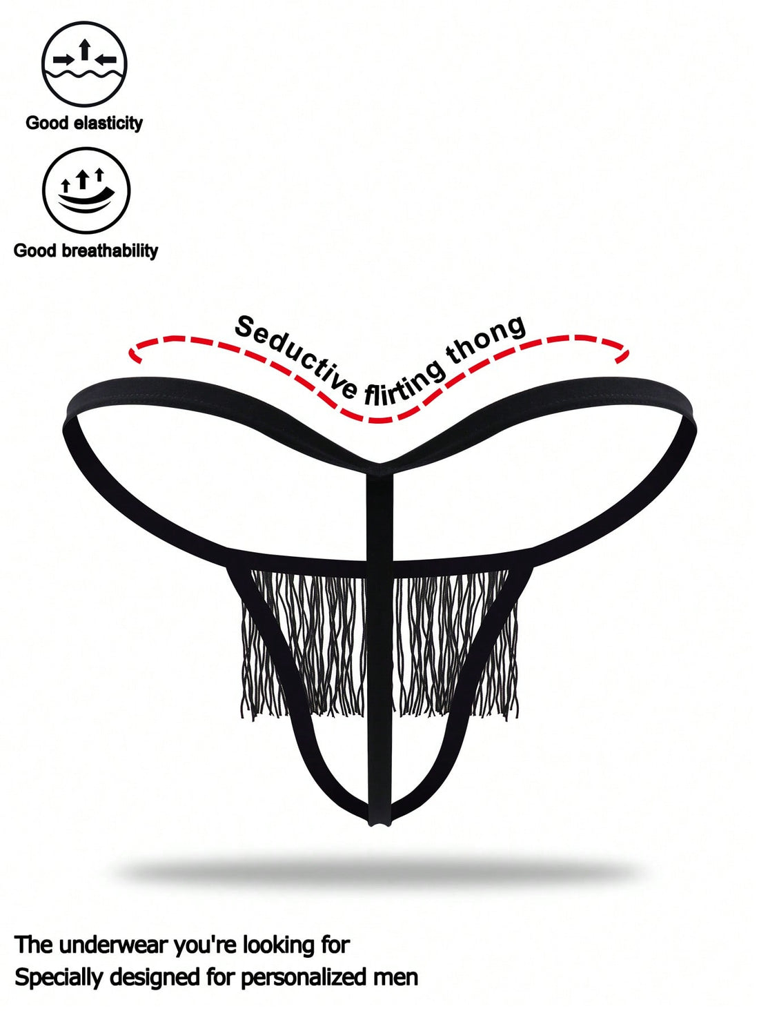 Black men's thong underwear with fringe detail, mid-rise fit, plain design, and knitted fabric construction.