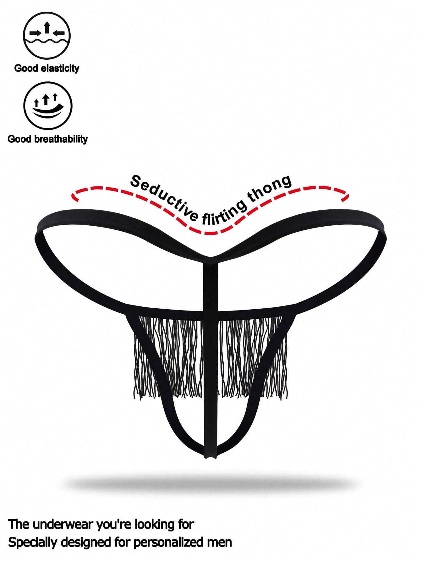 Black men's thong underwear with fringe detail, mid-rise fit, plain design, and knitted fabric construction.