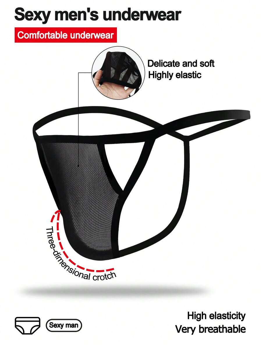 Men's black mid-waist thong underwear crafted from breathable mesh fabric.
