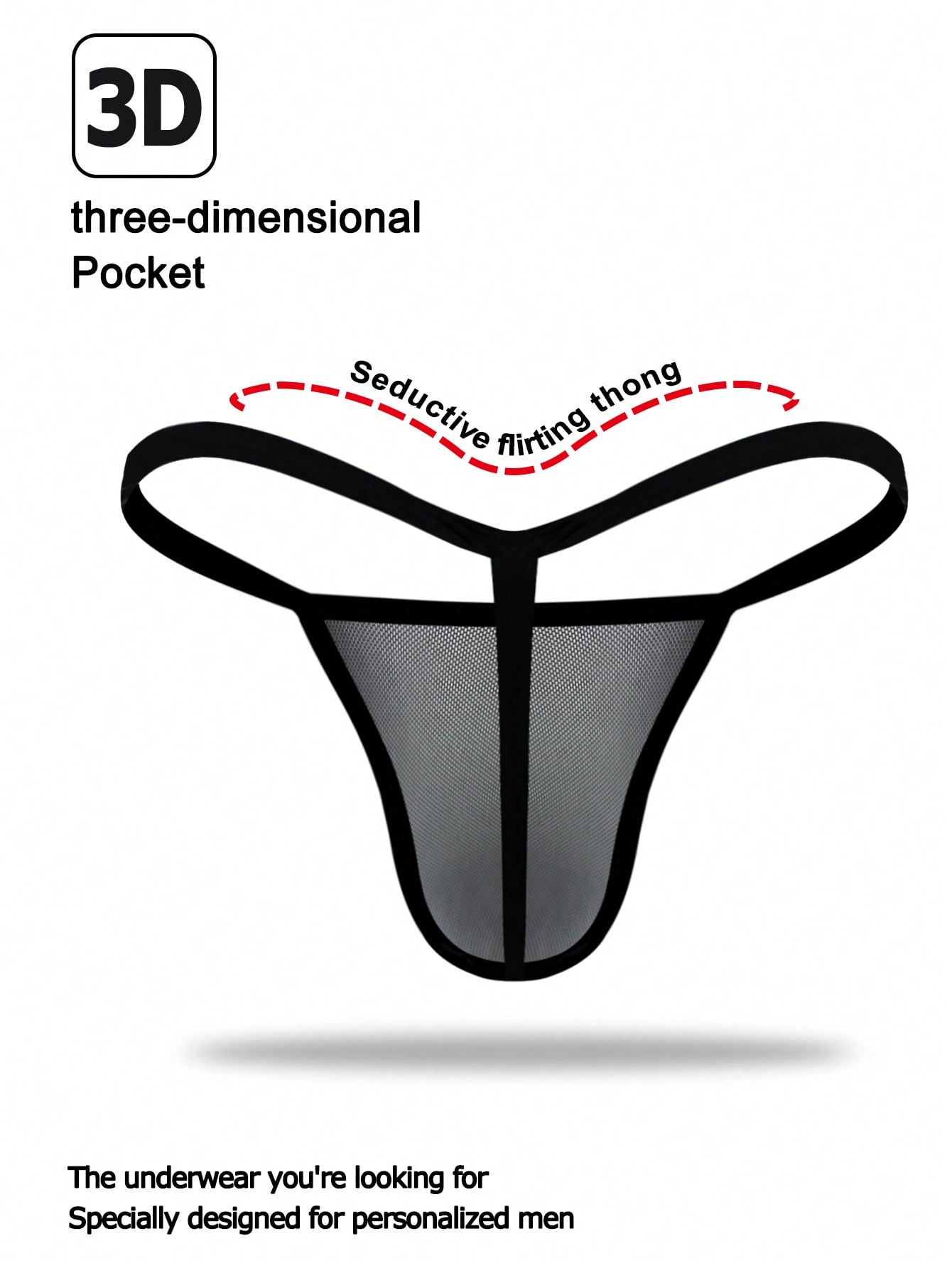 Black men's mesh thong underwear with colorblock design, mid-rise waist, and medium-stretch fabric for couple lingerie styling.
