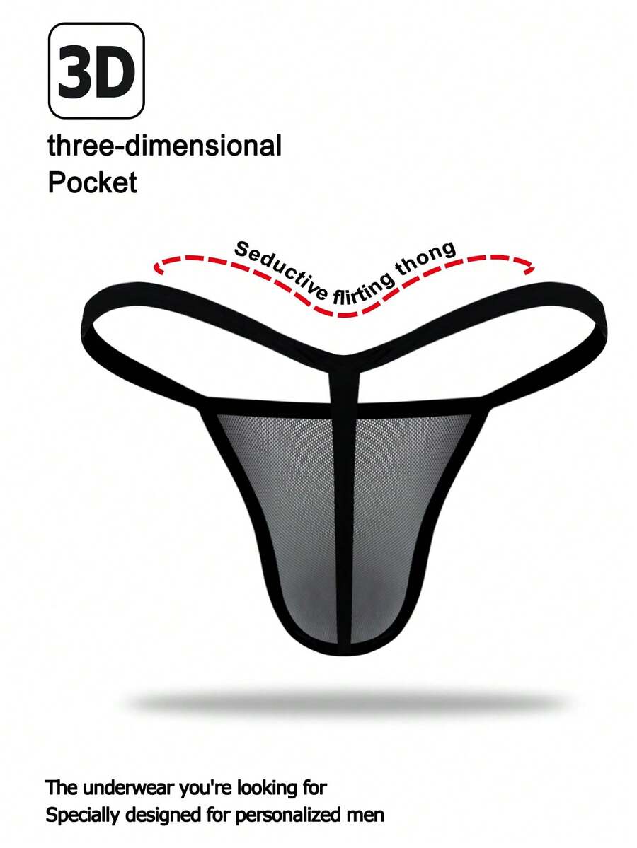 Men's black mid-waist thong underwear crafted from breathable mesh fabric.