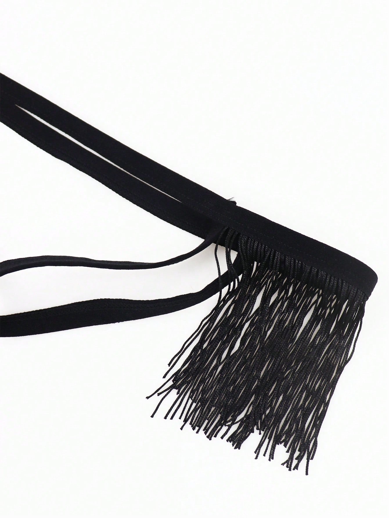 Black men's thong underwear with fringe detail, mid-rise fit, plain design, and knitted fabric construction.