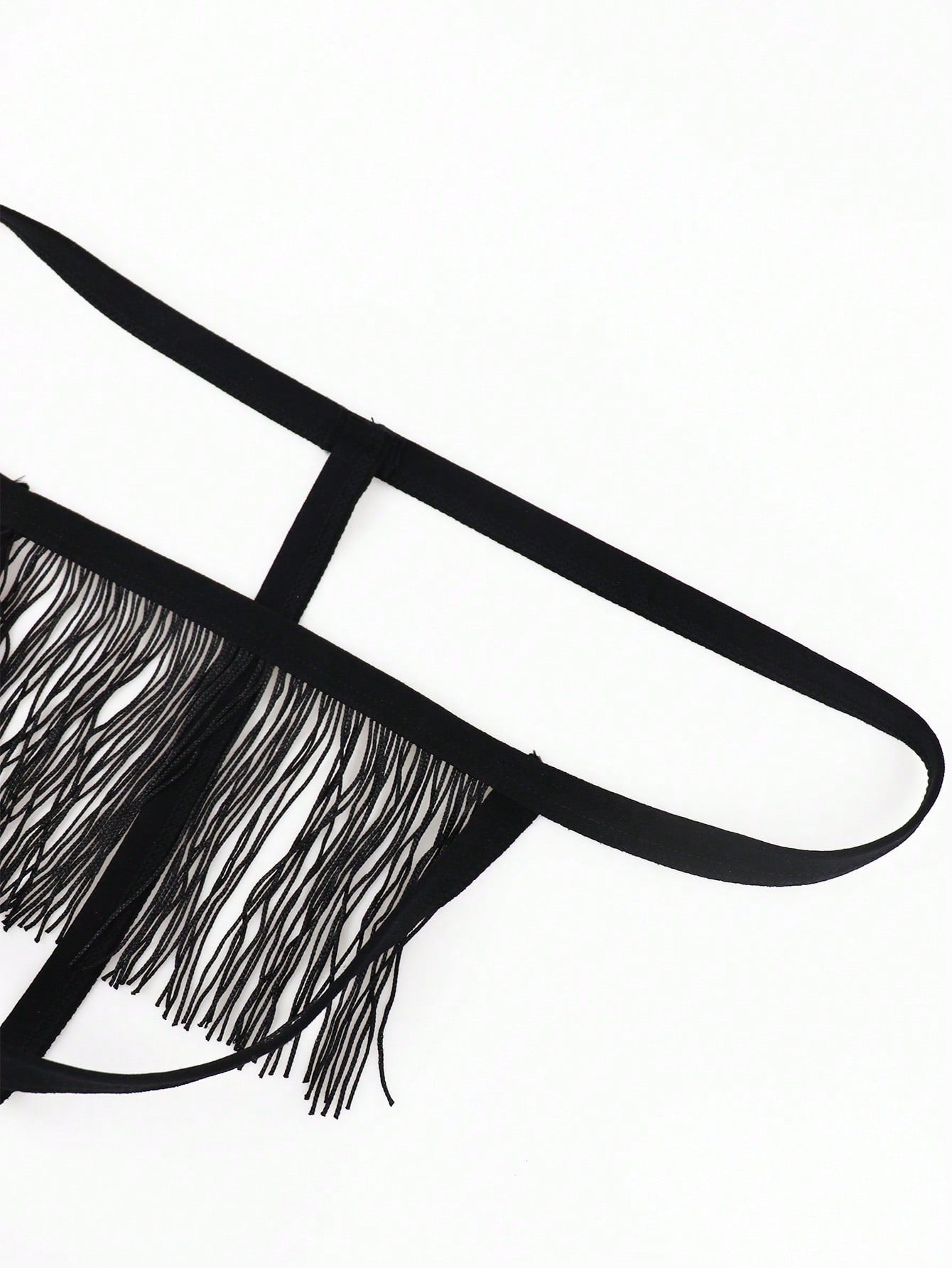 Black men's thong underwear with fringe detail, mid-rise fit, plain design, and knitted fabric construction.