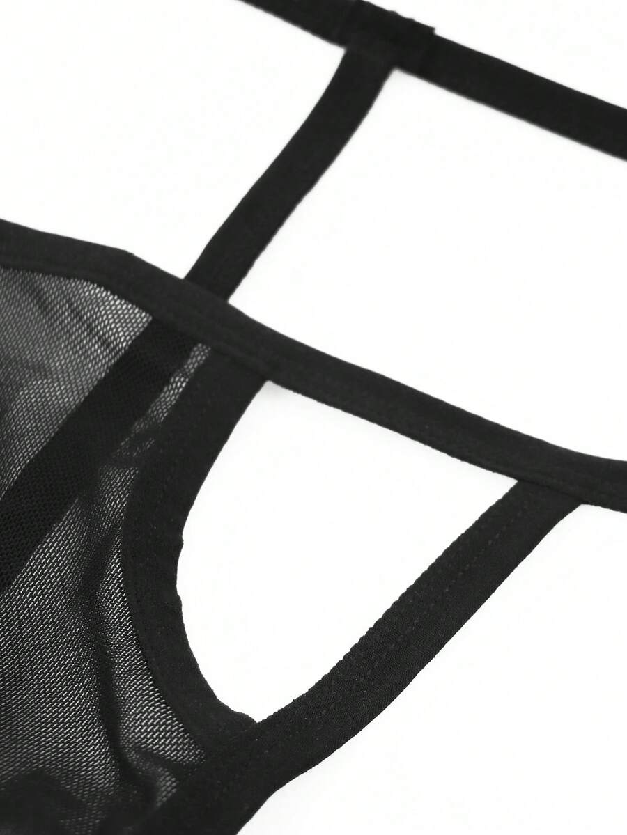 Men's black mid-waist thong underwear crafted from breathable mesh fabric.