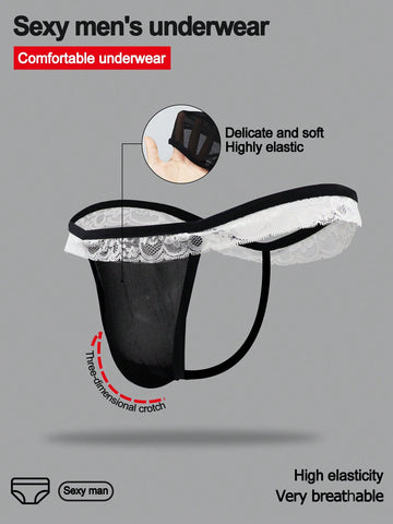 Men's mesh thong underwear with a mid-waist fit and black and white colorblock design.