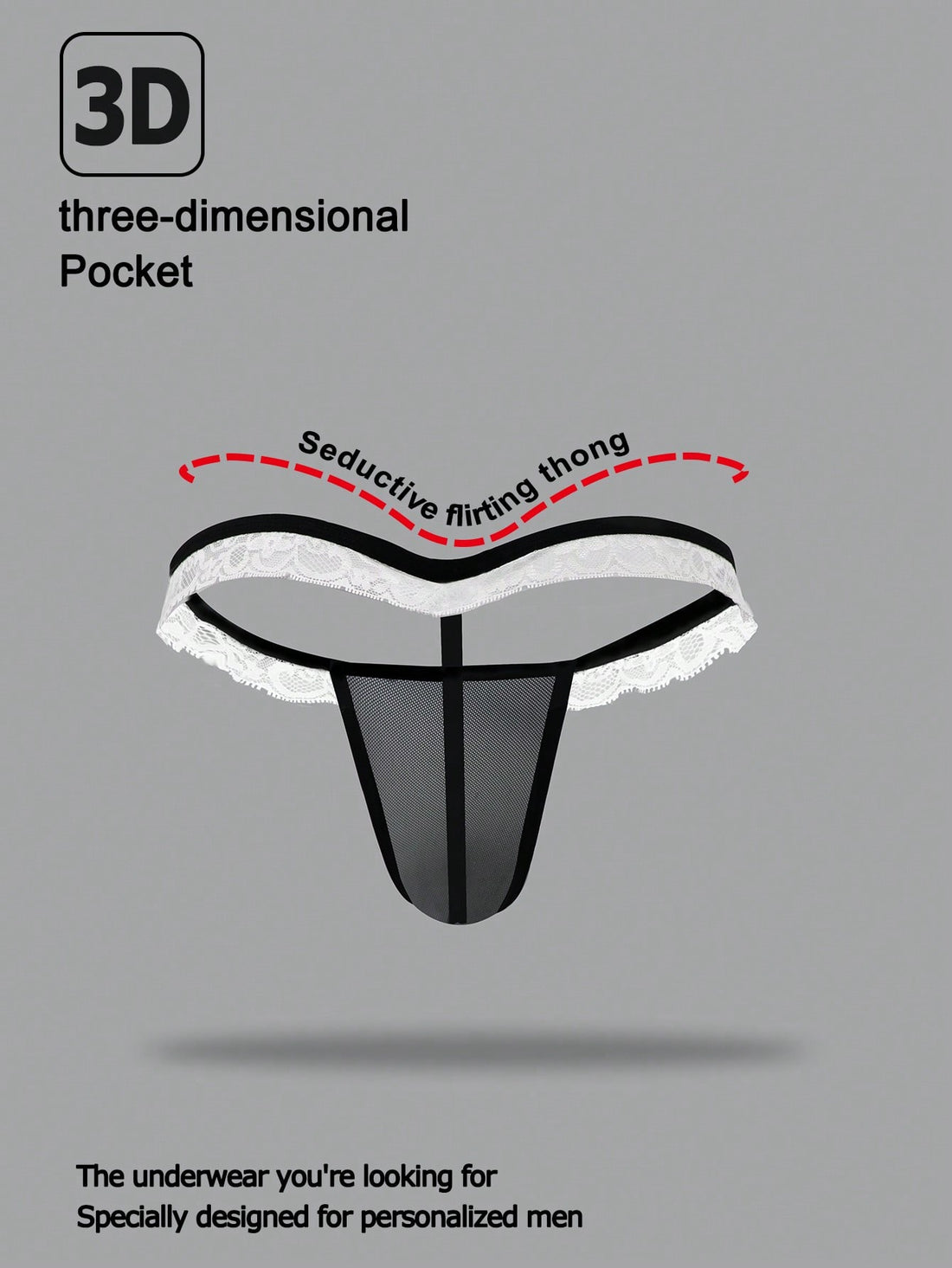 Men's mesh thong underwear with a mid-waist fit and black and white colorblock design.
