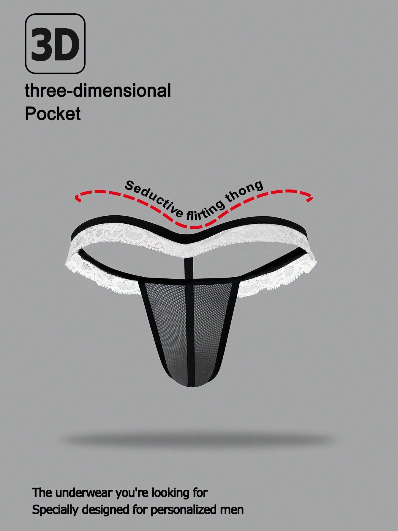 Men's mesh thong underwear with a mid-waist fit and black and white colorblock design.