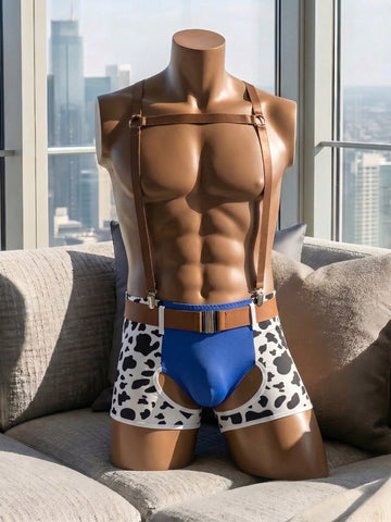 Men's cowboy costume lingerie set with spaghetti straps, hollow out details, textured pattern, and mini shorts in multicolor polyester for Halloween, cosplay, or party wear.