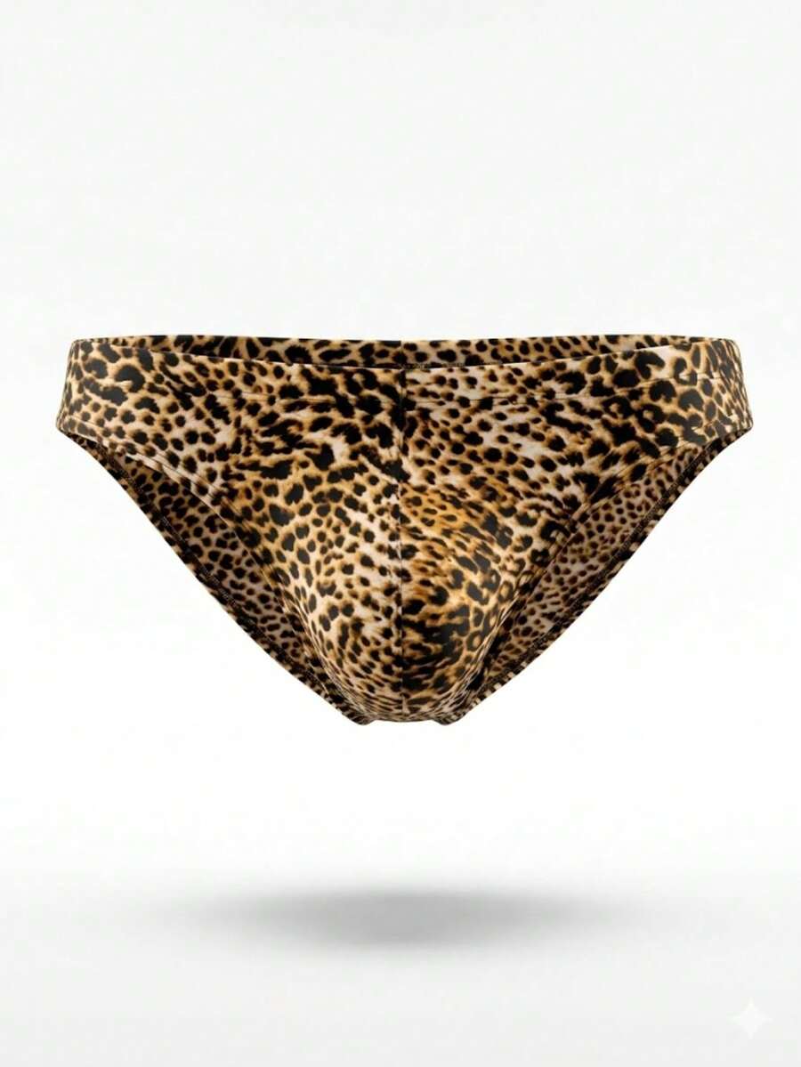 Men's low rise leopard print triangle briefs in multicolor featuring a geometric textured pattern.