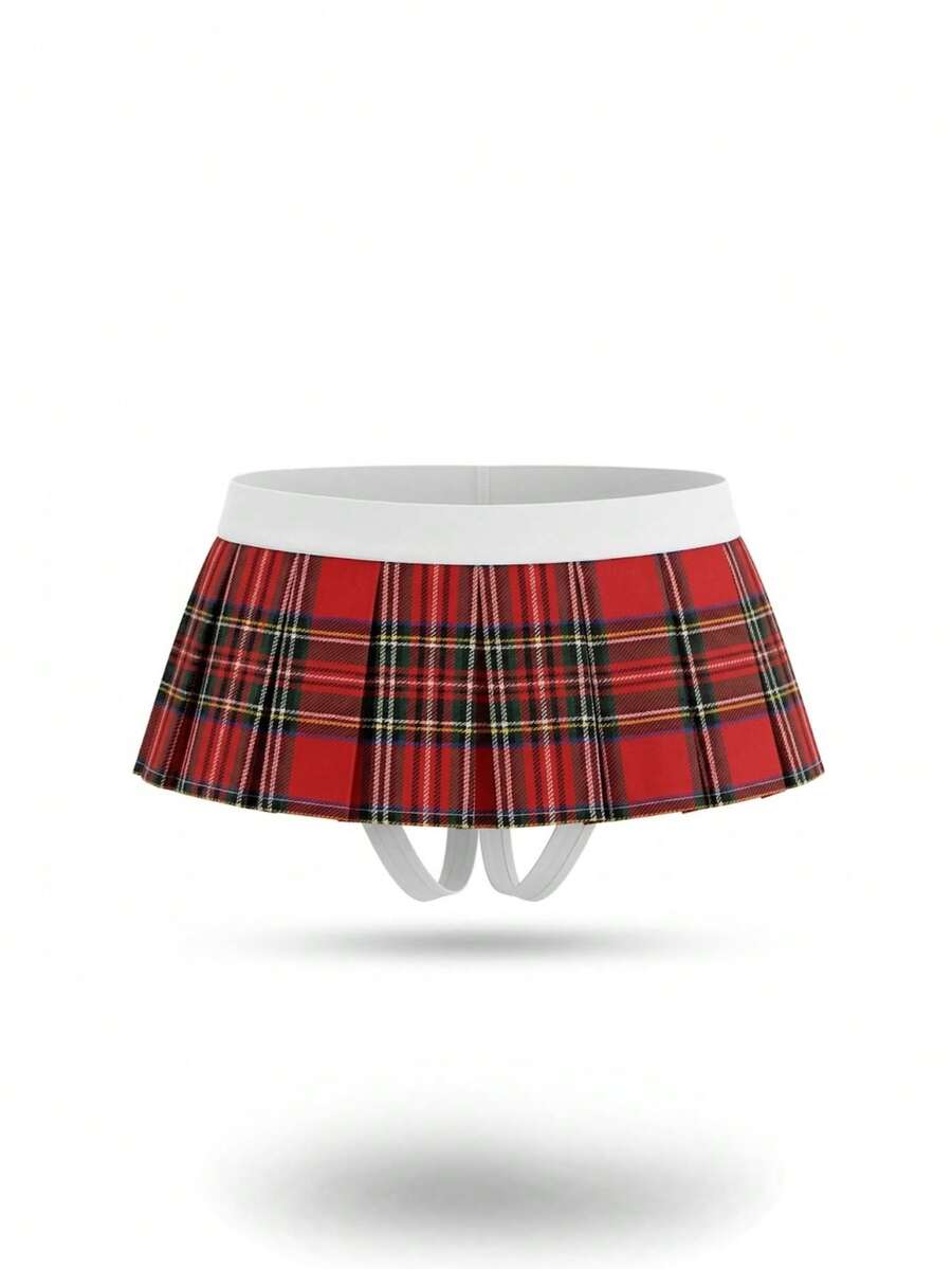 Men's low rise plaid Christmas thong in multicolor red designed for holiday roleplay and couples.