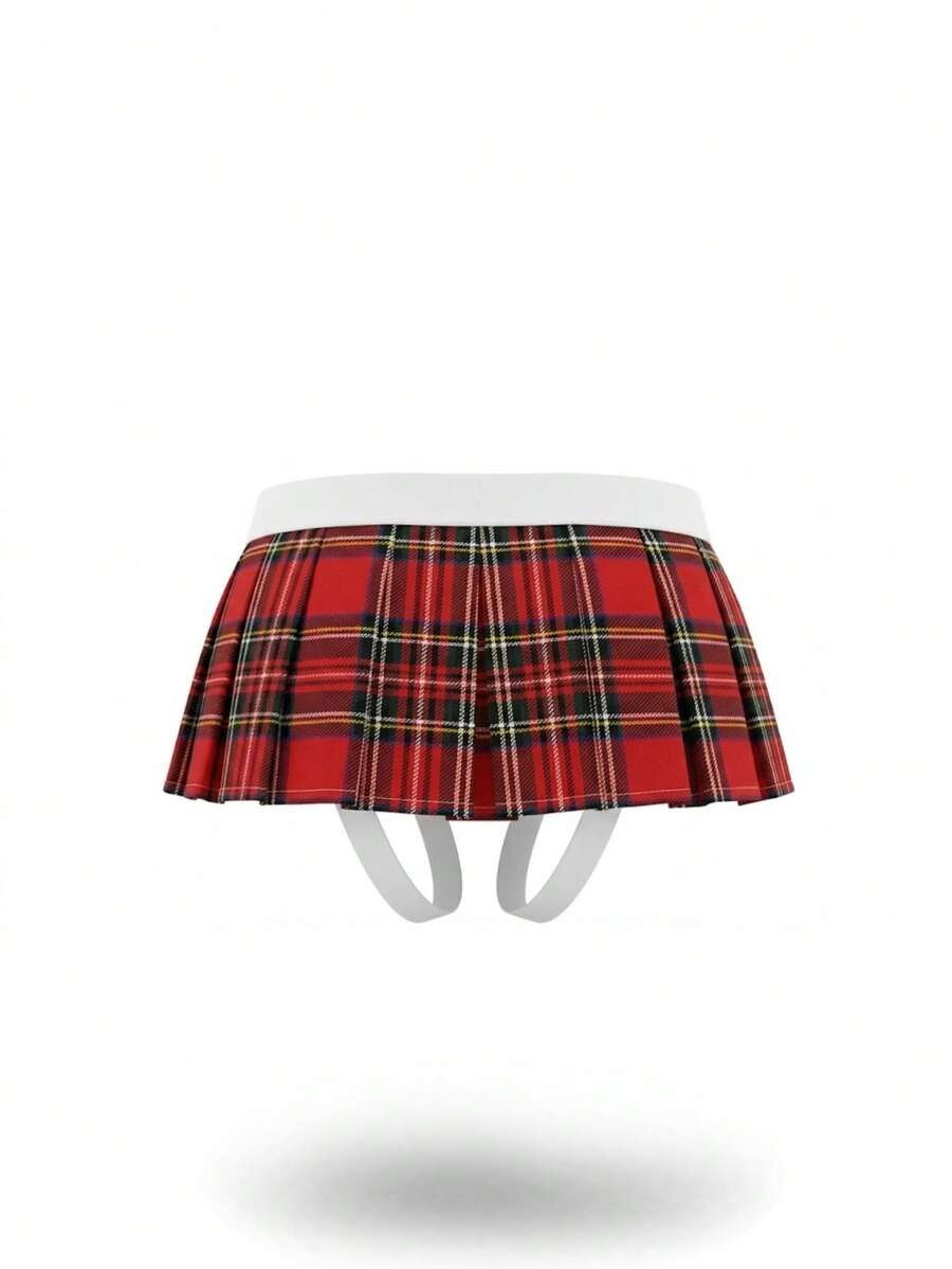 Men's low rise plaid Christmas thong in multicolor red designed for holiday roleplay and couples.