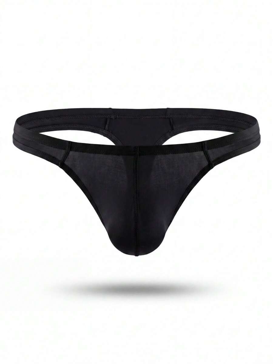 Men's solid color low-rise hollow out thong underwear made of flexible stretch fabric.
