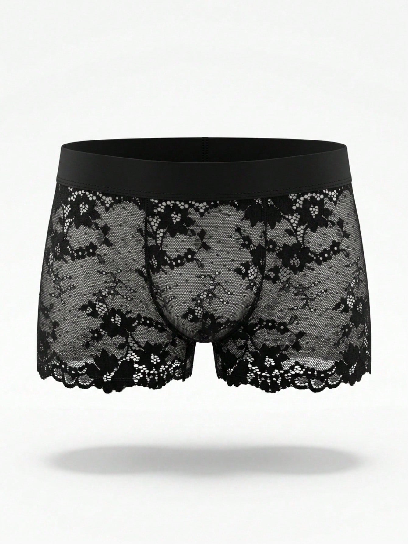 Men's black low-rise briefs in mesh fabric with contrast lace trim and tie dye pattern.
