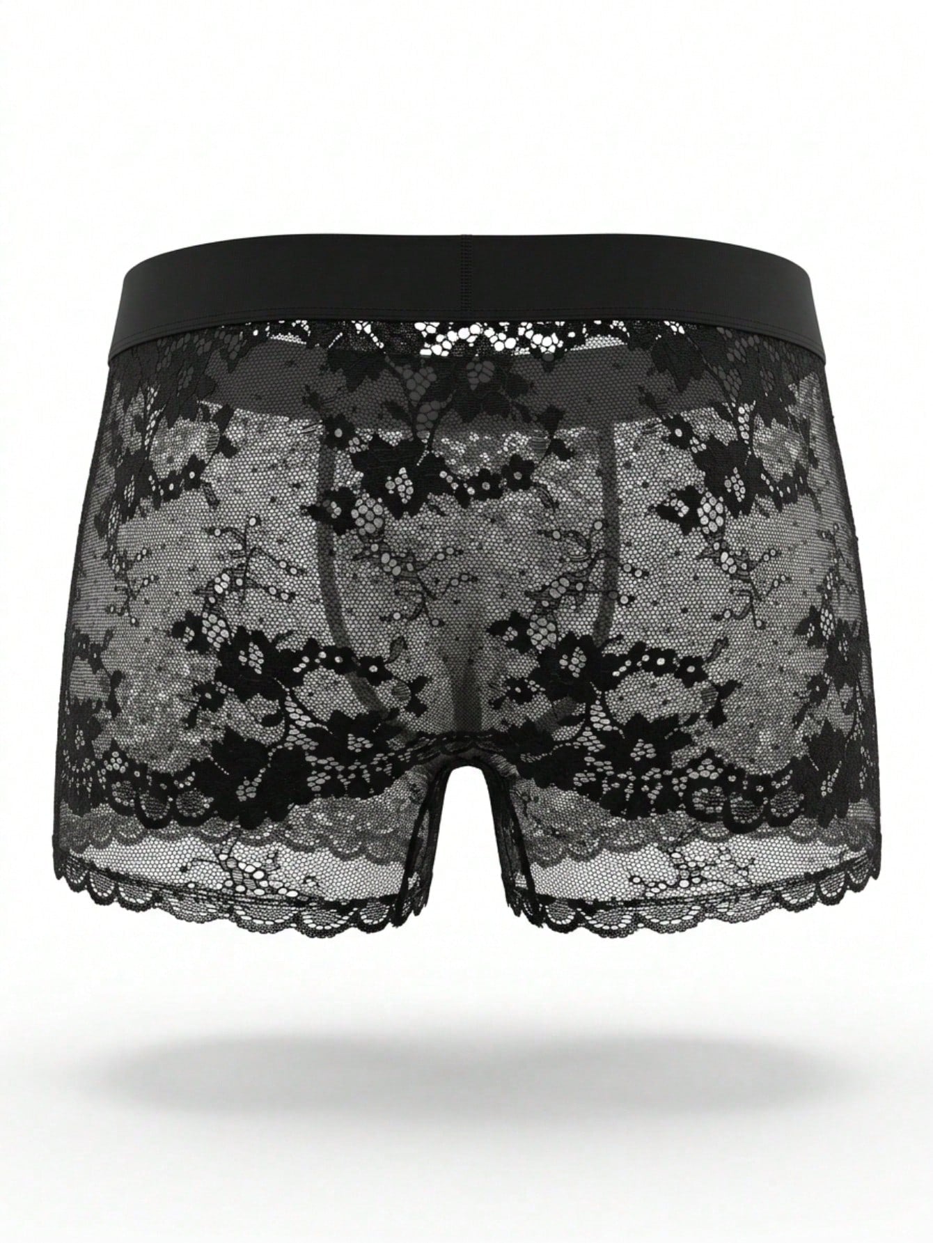 Men's black low-rise briefs in mesh fabric with contrast lace trim and tie dye pattern.