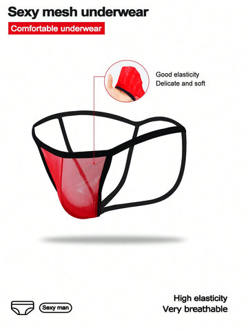 Red low-rise men's mesh thong underwear featuring a colorblock letter waistband and bulge-enhancing front pouch.