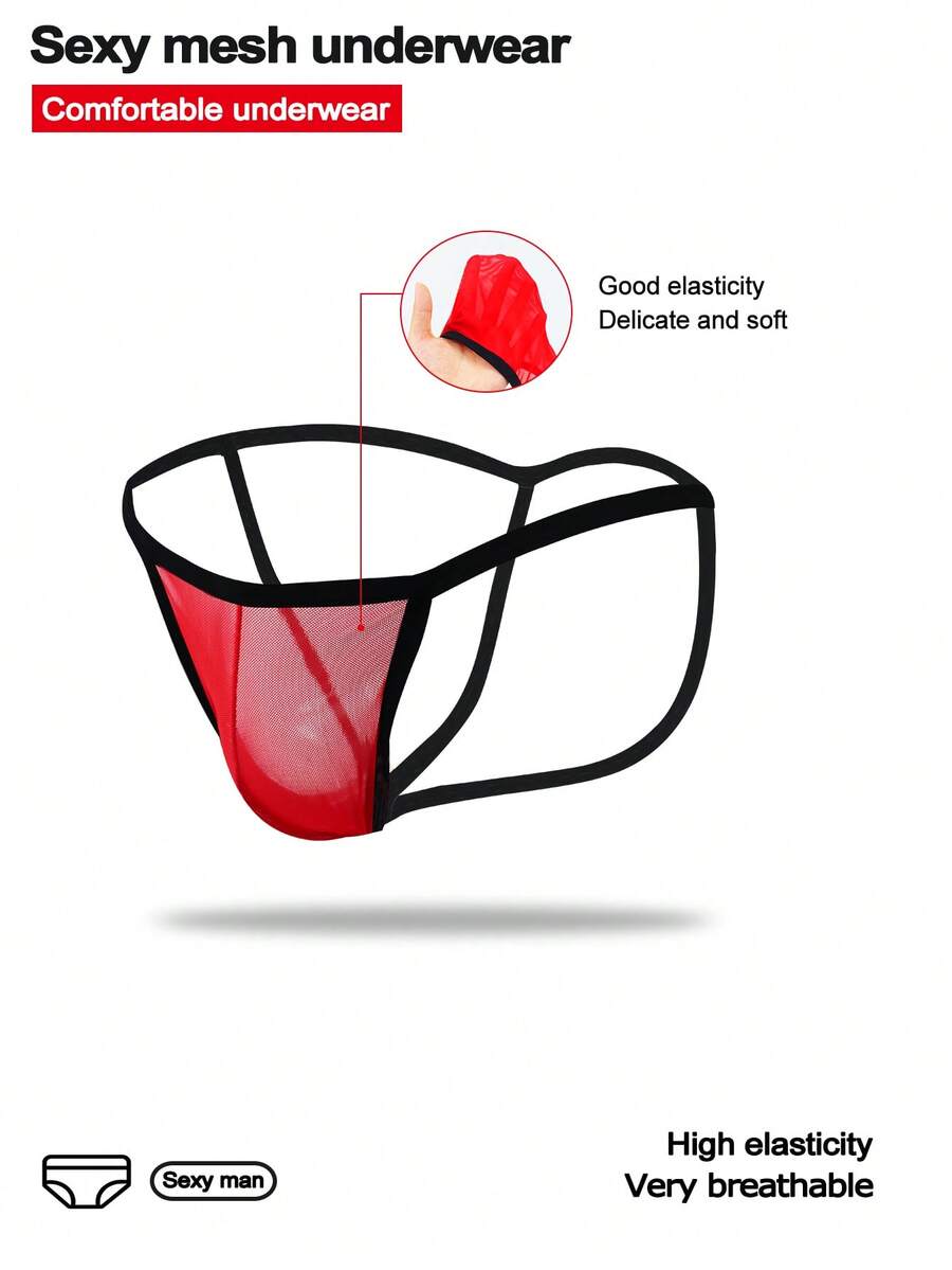 Red low-rise men's mesh thong underwear featuring a colorblock letter waistband and bulge-enhancing front pouch.