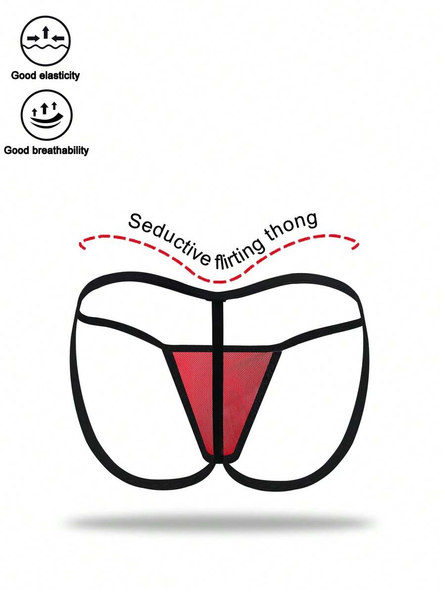 Red low-rise men's mesh thong underwear featuring a colorblock letter waistband and bulge-enhancing front pouch.
