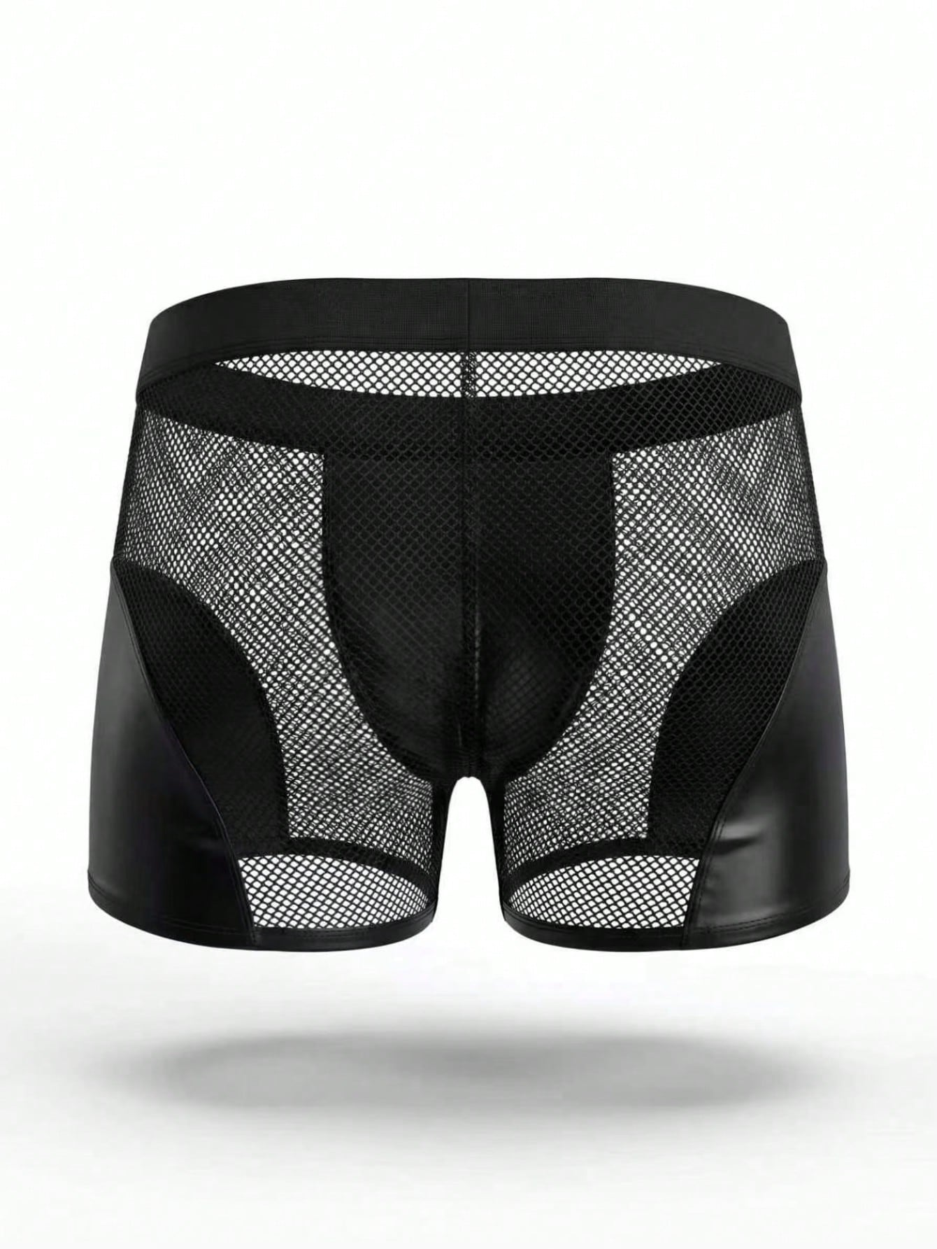 Black men's mesh boxer shorts with low rise fit, hollow out detail, plain pattern, and medium stretch fabric.