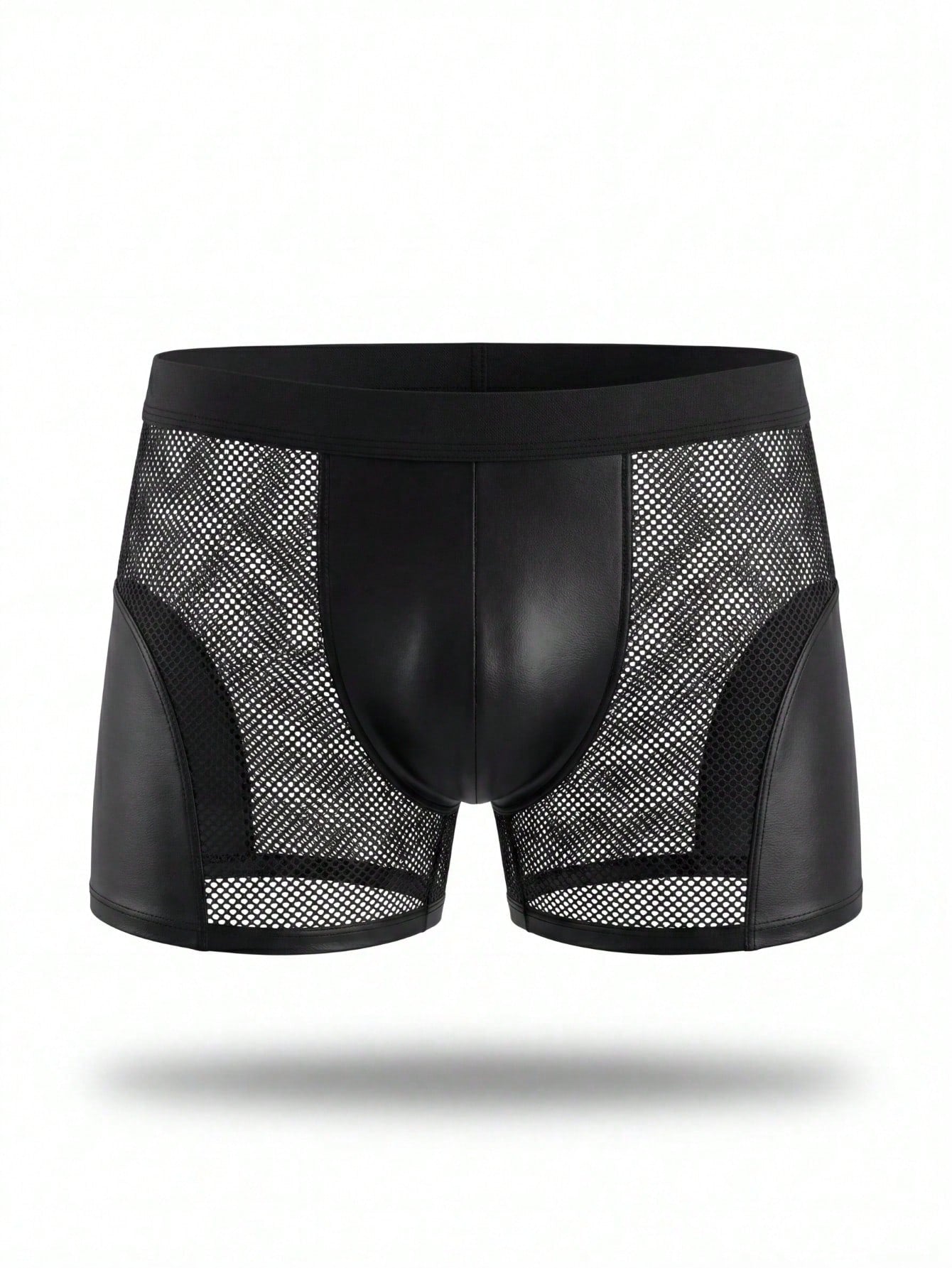 Black men's mesh boxer shorts with low rise fit, hollow out detail, plain pattern, and medium stretch fabric.