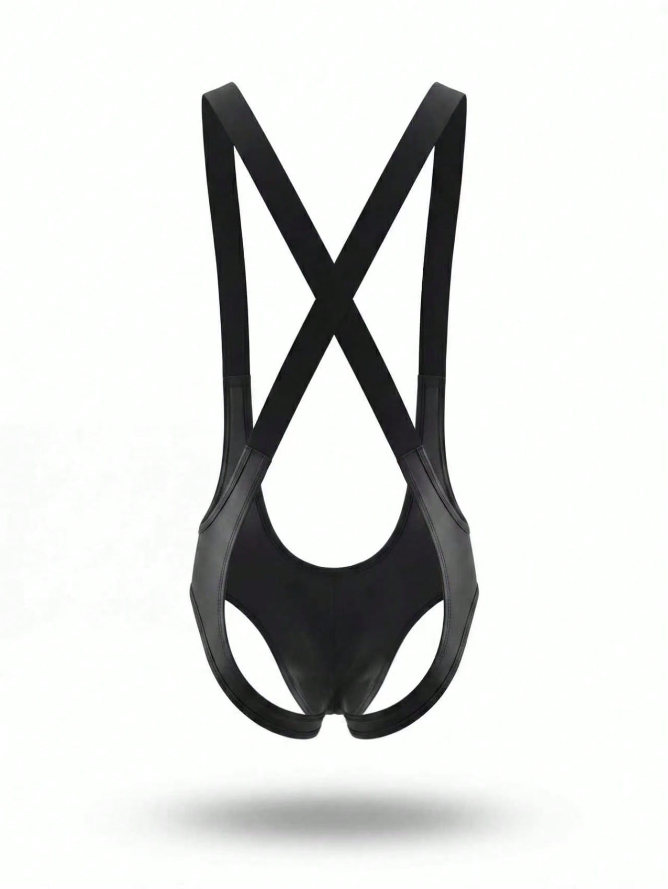 Men's black PU lingerie suspender with criss-cross detail, backless design, round neck, low rise fit, and plain unlined finish.