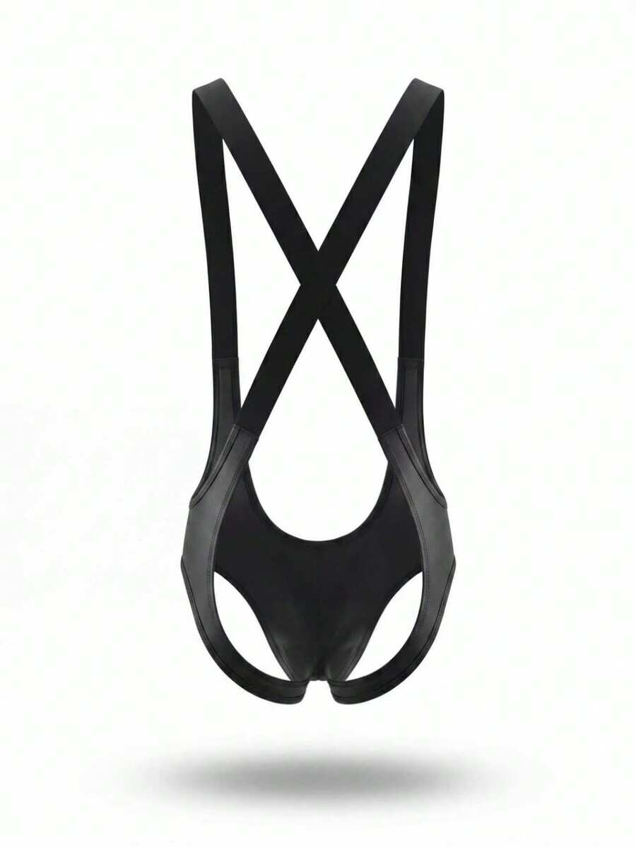Men's black PU suspender lingerie featuring a criss-cross backless design and low-rise fit.