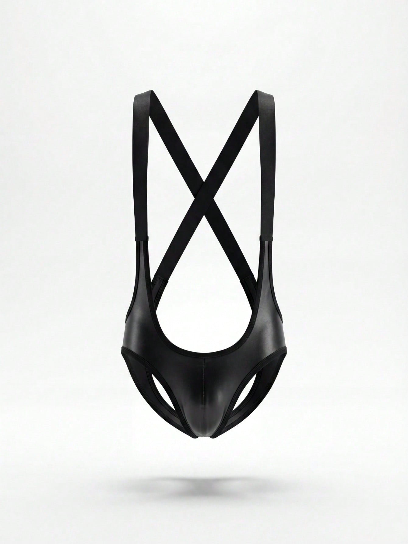 Men's black PU lingerie suspender with criss-cross detail, backless design, round neck, low rise fit, and plain unlined finish.