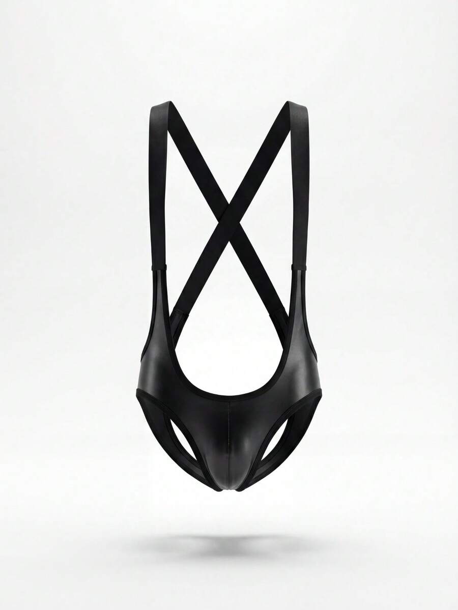 Men's black PU suspender lingerie featuring a criss-cross backless design and low-rise fit.