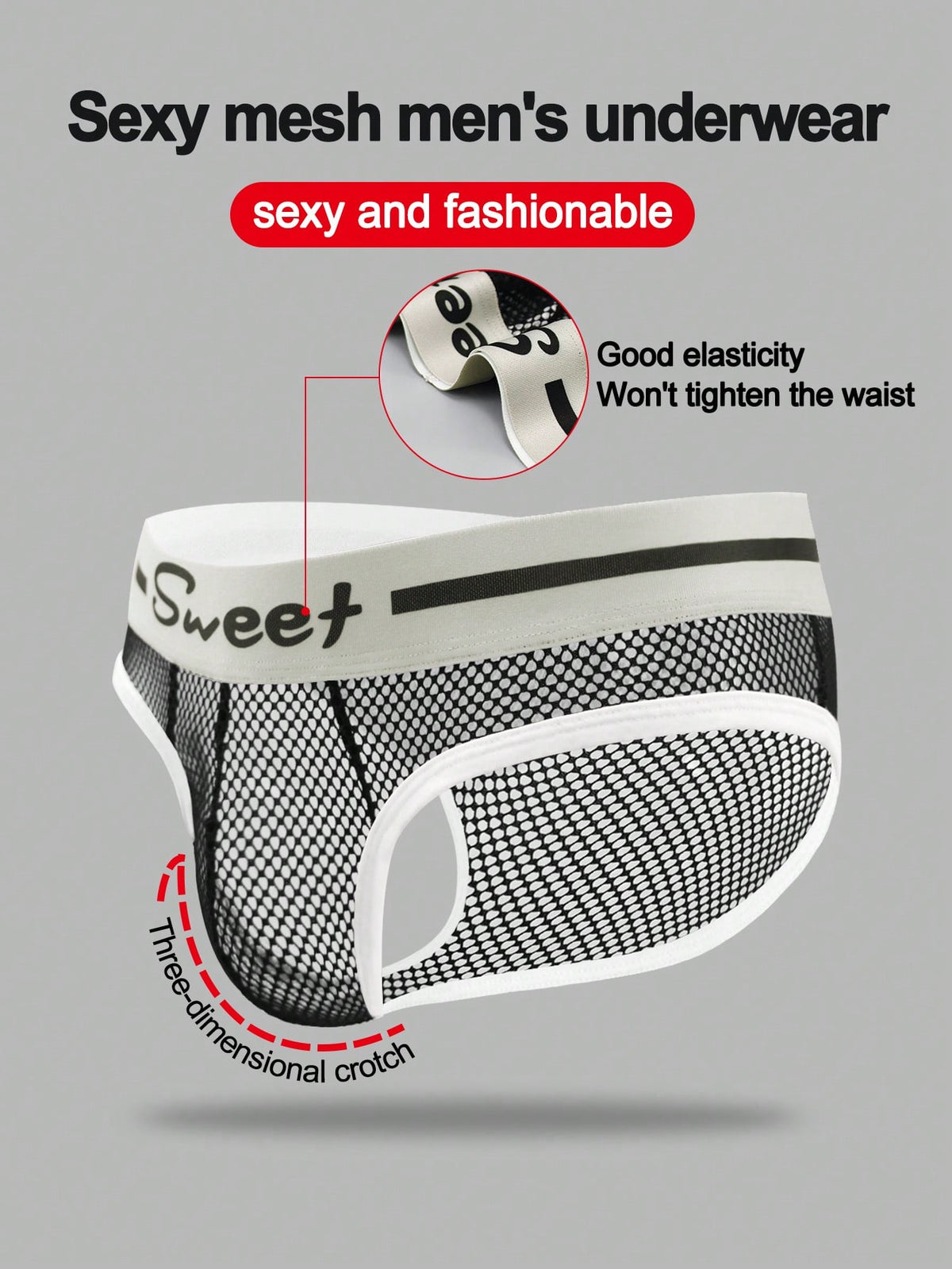 Black low-rise men's mesh briefs featuring contrast binding and tape details