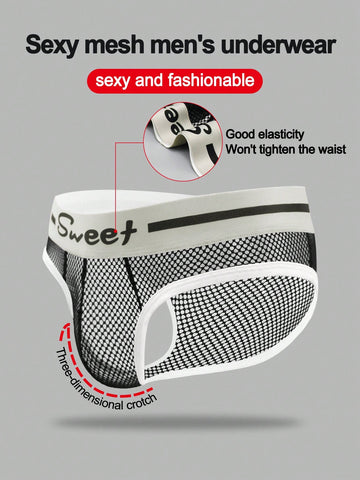 Black low-rise men's mesh briefs featuring contrast binding and tape details