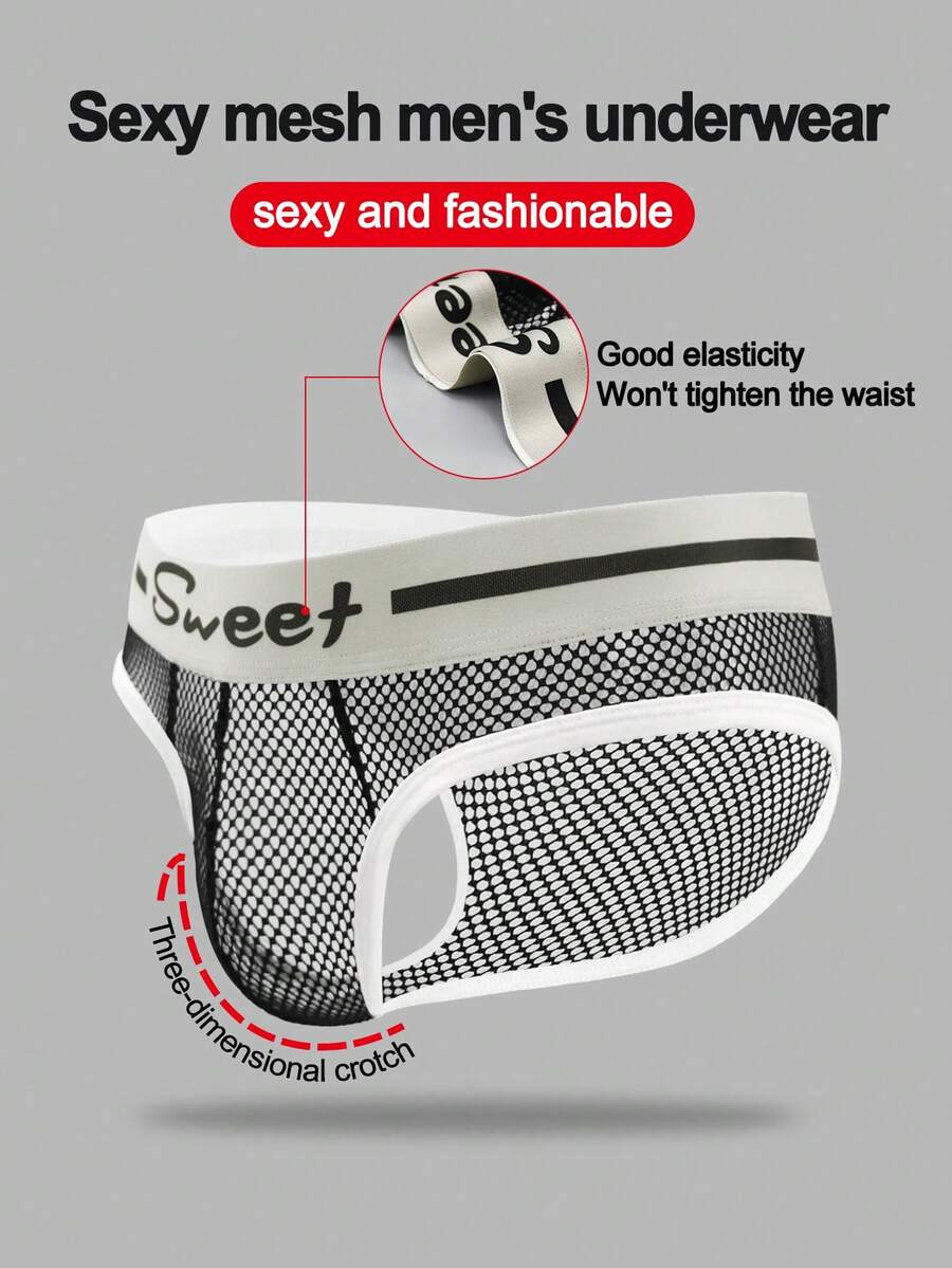 Black low-rise men's mesh briefs featuring contrast binding and tape details
