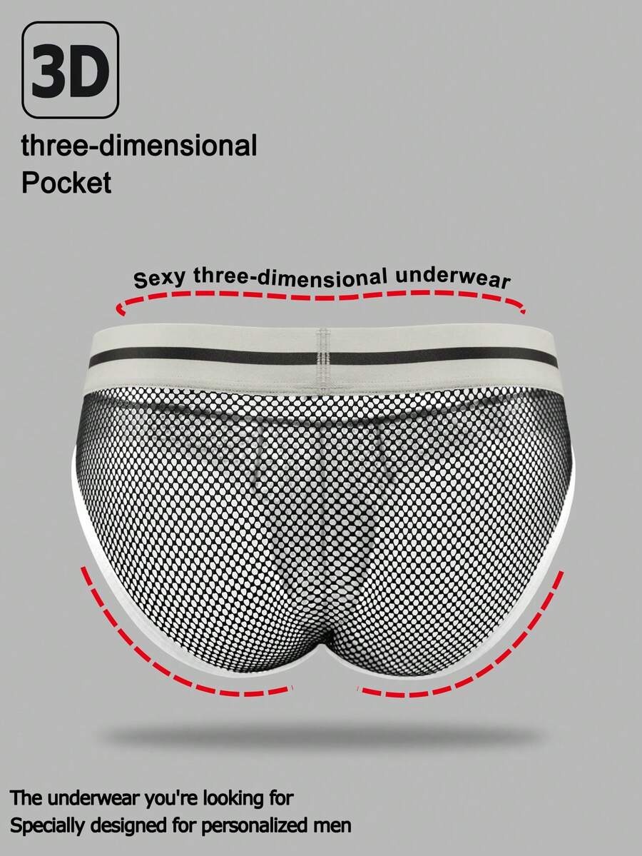 Black low-rise men's mesh briefs featuring contrast binding and tape details